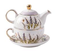 Tea For One Set, 1-piece Tea For One Set, Teapot With Cup And Saucer, Elegant Lavender-bird-bike Design, White