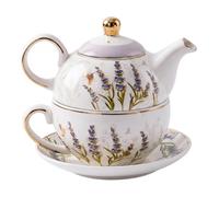 Tea For One Set, 1-piece Tea For One Set, Teapot With Cup And Saucer, Elegant Lavender-bird-bike Design, White, For