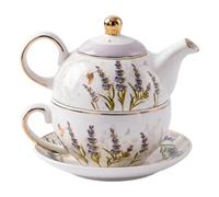 Tea for One Set, Ceramic Teapot with Cup & Saucer, Lavender Bird Bicycle Design Tea Set for Home, White