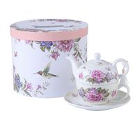 London Boutique Tea for One Teapot Tea Cup Saucer Set Gifts for Women Tea Set for 1 Flora Bird Rose Butterfly Porcelain Gift for Her (Beige/Cream)