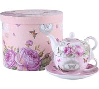 London Boutique Tea for One Teapot Cup Saucer Set Gifts for Women Tea Set for 1 Vintage Flora Rose Porcelain Gift for Her (Pink Butterfly Rose)