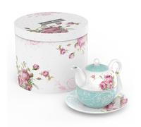 London Boutique Tea for One Teapot Teacup Saucer Set Afternoon Tea Set for 1 New Bone China Vintage Flora Gift for Women 350m (Turquoise)