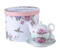 Tea for One Teapot Cup suacer Set Shaby Chic Flora Bird Rose Butterfly Porcelain Gift Box (Teal)