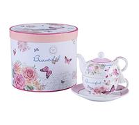 London Boutique Tea for One Teapot Cup suacer Set Vintage Flora Rose Lavender Porcelain Gift Box (Butterfly Rose)