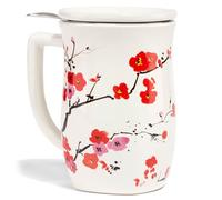 Tea Forte Ceramic Fiore Cup with Handle, Removeable Stainless Steel Infuser Basket and Lid, Steeps 14 oz Loose Leaf Tea, Dishwasher & Microwave Safe, Sakura