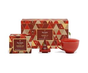 Tea Forte Warming Joy Holiday 3-Piece Mother's Day Tea Gift Set with Red Cafe Cup with Lid, Tea Tray and 10 Assorted 2 of Each Variety Handcrafted Pyramid Infuser Tea Bags