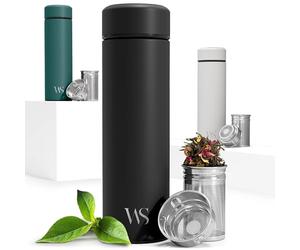 Tea & Fruit Infuser Water Bottle + Strainer + BPA-Free Fruit Insert | Vacuum Insulated 450ml Stainless Steel Flask | Portable Tea & Coffee Tumbler: Office, Outdoor, School, Sports, Bike - Black