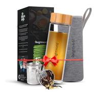Tea Infuser for Loose Tea - 500ml Tea Infuser Glass Bottle with Stainless Steel Tea Strainer, Bamboo Lid & Neoprene Sleeve - Leakproof Hot & Cold Brew Water Bottle