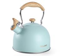 Tea Kettle, BELANKO 85 OZ / 2.5 Liter Whistling Tea Kettle, Tea Pots for Stove Top Food Grade Stainless Steel with Wood Pattern Folding Handle, Loud Whistle Kettle for Tea, Coffee, Milk - Turquoise