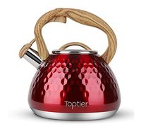 Tea Kettle, Toptier Teapot Whistling Kettle with Wood Pattern Handle Loud Whistle, Food Grade Stainless Steel Tea Pot for Stovetops Induction Diamond Design Water Kettle, 2.7-Quart Red