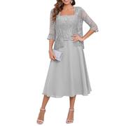 Tea Length Mother of The Bride Dresses for Women Chiffon Lace 2 Pieces Silver Wedding Guest Dress Formal Gown UK32