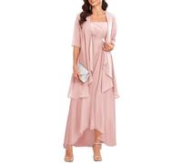 Tea Length Mother of The Bride Dresses Petite 2 Pieces Ruffle Formal Evening Gown Blush Pink UK20