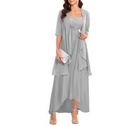 Tea Length Mother of The Bride Dresses Petite 2 Pieces Ruffle Formal Evening Gown Silver UK20