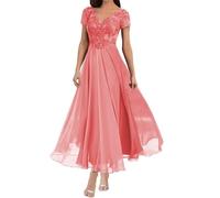 Tea Length Mother of The Bride Dresses V Neck Lace Appliques Chiffon Short Sleeve Formal Evening Dresses for Women Coral L