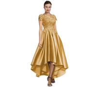 Tea Length Satin Mother of The Bride Dresses Women Short Sleeves Appliques High-Low Formal Evening Gowns with Pockets Gold M
