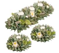 Tea Light Candle Holder Autumn Table Decoration Tealight Holders Birchwood Table Centrepiece Décor with Sage Green Wooden Crocuses and Artificial Foliage (Full Set)