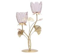 Tea Light Candle Holder, Gold Metal and Pink Glass, 19x10.5x36cm, Double Stem Flower Design