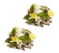 Tea Light Candle Holder Summer Decoration Birchwood Table Centrepiece Décor with Yellow Flowers Alfresco Dining Table Decoration (S/2 Single)
