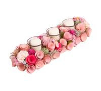 Tea Light Candle Holder Table Decoration Tealight Holders Birchwood Table Centrepiece Décor with Pink Wooden Roses and Artificial Foliage (Triple)