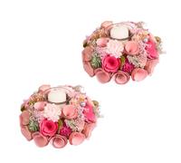 Tea Light Candle Holder Table Decoration Tealight Holders Birchwood Table Centrepiece Décor with Pink Wooden Roses and Artificial Foliage (S/2 Single)