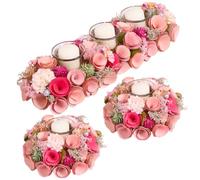 Tea Light Candle Holder Table Decoration Tealight Holders Birchwood Table Centrepiece Décor with Pink Wooden Roses and Artificial Foliage (Full Set)