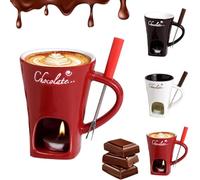 Tea Light Chocolate Fondue Mug, Personal Fondue Mugs, Ceramic Chocolate Melting Mugs, Ceramic Fondue Warmer for Chocolate, Cheese, Candy, Chocolate Melter Cup with Forks and Tealights (200 Ml)