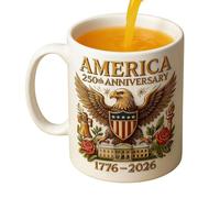 Tea Mug 250th Birthday - Commemorative Water Drinkware, Patriotic Symbolic Cup, Historical Vessel, Ceramic Beverage Holder, 11oz Red White Blue for Home School Classroom Restaurant Cafe