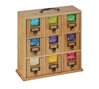 Relaxdays Organiser, 9 compartments, Bamboo, HxWxD: 29 x 30 x 11,5 cm, to Be Placed or Hang Up, Tea Storage, Natural, 29 x 30 x 11.5 cm