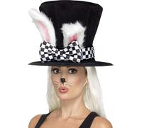 Smiffys Tea Party March Hare Top Hat, Black & White with Attached Rabbit Ears, Fairytale, Wings and Wands Fancy Fancy Dress, Adult Dress Up Hats