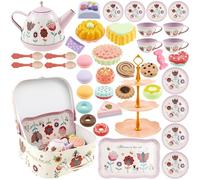 Tea Party Set for Little Girls, 46pcs Kids Tin Teas Set with Teapot, Tea Cups, Food Playset & Carrying Case, Kitchen Accessories for Girls Age 3+