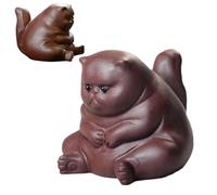 Tea Pet - Handmade Purple Clay Cat Statue, Angry Expression Design, Chubby Sculpted Shape, Tea Table Decorative Ornament, Miniature Artistic Statue | For The