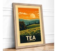Tea Plantation at Sunset Vintage Framed Wall Art Print A1 Oak