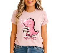 Tea Rex Dinosaur Womens Graphic T-Shirt Pink Cartoon Dino Tea Lover Tee M (12-14)