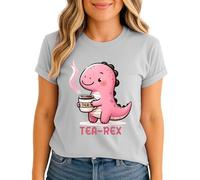 Tea Rex Dinosaur Womens Graphic T-Shirt Pink Cartoon Dino Tea Lover Tee M (12-14)
