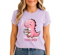 Tea Rex Dinosaur Womens Graphic T-Shirt Pink Cartoon Dino Tea Lover Tee M (12-14)