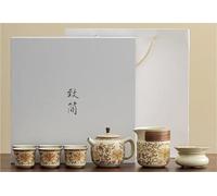 Tea Set for Adults Aesthetic Tea Ceremony Set Teapot and Cup Ornaments Ru Kiln Golden Flower Blessing Complete Portable Tea Sets(Type-A)