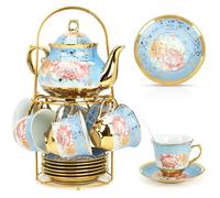 Tea Set for Adults, Tea Cups and Saucers Set of 6, Porcelain Tea Set with Metal Stand, 700ML Teapot,160ML Teacup, European Ceramic Tea Sets for Women Tea Party, Wedding Gift, 20-Piece