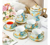 Tea Set with Teapot, 14 Pcs Vintage Porcelain Afternoon Tea Set, Tea Cup Set with Metal Holder and Saucer, European Ceramic Coffee Cup Set Serving 6 People, for Women Tea Party Wedding