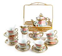 Tea Set with Teapot, 22 Pcs Vintage Porcelain Afternoon Tea Set, Tea Cup Set with Metal Holder and Saucer, European Ceramic Coffee Cup Set Serving 6 People, for Women Tea Party Wedding