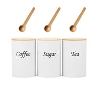 Tea Sugar and Coffee Canisters set 1L Vintage Kitchen Canister Set tea coffee sugar 3 Piece of Metal Canister Storage Jar Container Set With Airtight Bamboo Lid, Farmhouse Kitchen Home Decor (White)