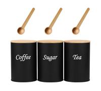 Tea Sugar and Coffee Canisters set 1L Vintage Kitchen Canister Set tea coffee sugar 3 Piece of Metal Canister Storage Jar Container Set With Airtight Bamboo Lid, Farmhouse Kitchen Home Decor (Black)