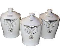 Tea Sugar Coffee Canister JAR Storage Set of 3 with Sparkling Crystal Diamante Elements (White)
