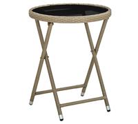 Tea table Beige 60cm Foldable PE rattan & Steel Frame Tempered Glass Top Patio