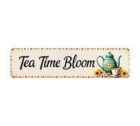 Tea Time Bloom Pattern With Sunflowers And Teapot Tin Sign Retro Metal Sign for Cafe Bar Pub Home Game Room Gym Club Wall Decoration Vintage Metal Poster 4x16 Inch