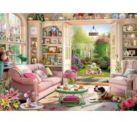 Tea Time Cabin Puzzle 1000 Piece for Adults, Book Cozytime Garden Jigsaw Puzzles, Dog Plant Puzzle