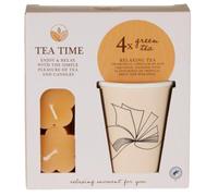 Tea Time Gift Set - Relaxing Green Tea (4 Bags) with Chamomile, Lemongrass & Liquorice, 3 Tealight Candles & Cup - Tropical Fruit & Pineapple Flavour - Self-Care Stocking Filler, Tea Gift Set