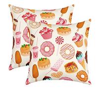 Tea Time Themed Pillow Covers 16x16 Inch Set of 2 Cartoon Cake Donut Sweet Dessert Cushion Covers for Kids Teens Adults Colorful Candy Funny Ice Cream Print Cushion Cases for Living Room Car