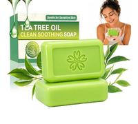 Tea Tree Oil Face And Body Cleansing Soap Bars, Bright Green, 2-Pack | Solid Rectangular Format, Rounded Edges, Embossed Floral Motif, For Routine Washing At The Washbasin Or In The Shower