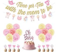 Tea With Mom To Be Baby Shower Set - Tea Theme Decorations with Banner, Garland, Cake Toppers,Balloons for Afternoon Tea Baby Shower Pregnancy Announcement Gender Reveal Party Decorations Supplies