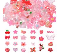 Teaaha 60PCS Resin Junk Case Charms Kit 3D Pink Phone Charm for Decorating Cases, with Kawaii Y2k Flatback Bow, Star, Love, Fruit, Cute Aesthetic Big Decor for Girly DIY Crafts
